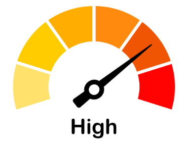 A yellow and red meter with a black needle Description automatically generated